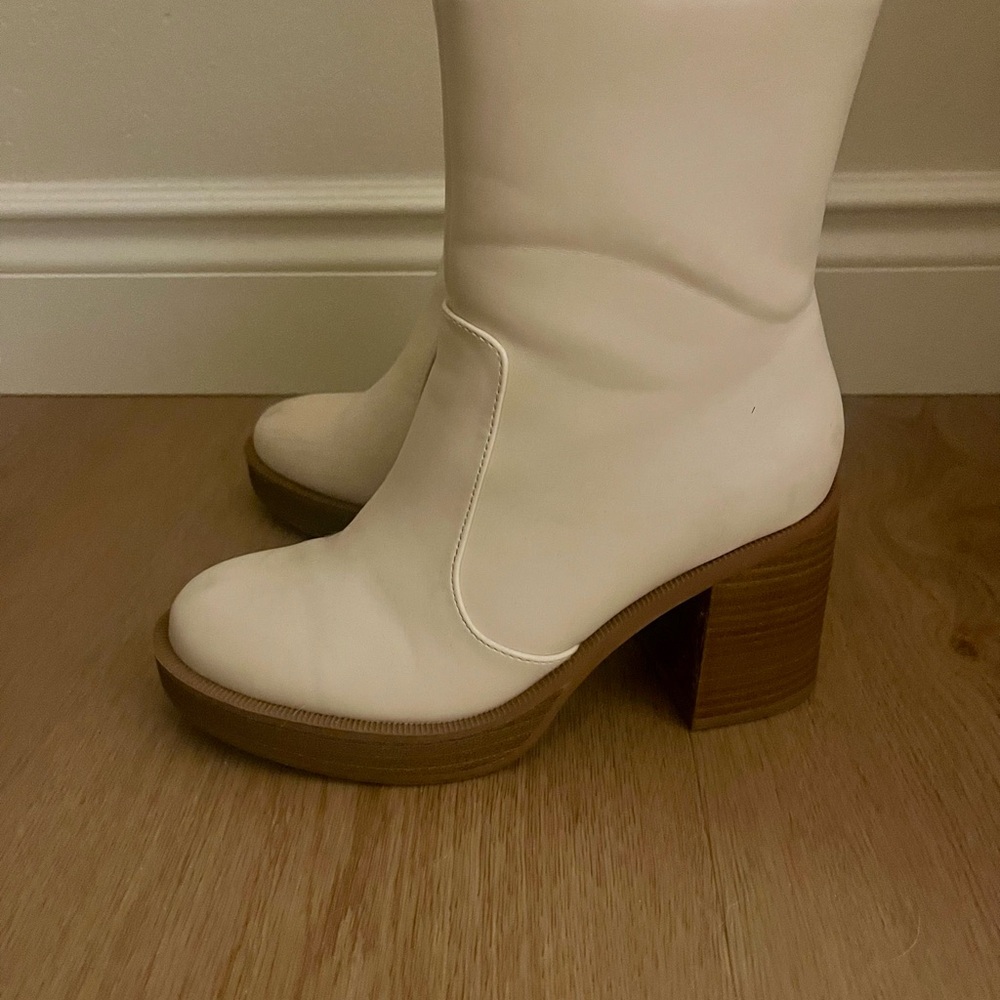 White Leather Block Heel Boots